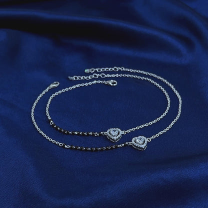 Black Bead Heart Silver Anklet Set