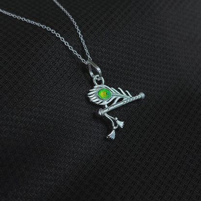 Pure Silver Flute Pendant with Morpankh Detailing