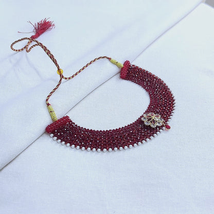 Traditional Maroon Beaded Silver Floral Choker Necklace for Women