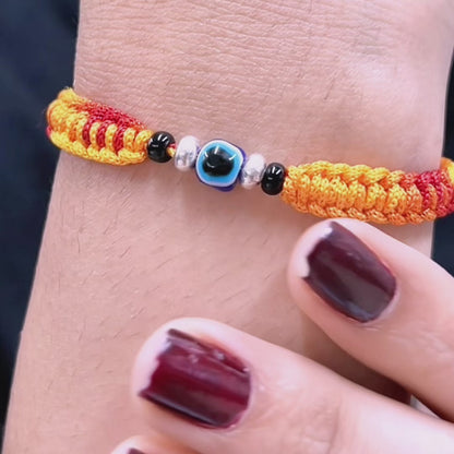 Silver Evil Eyes Adjustable Orange Dhaga Bracelet