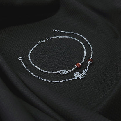 Shiv & Om Couple Silver Bracelets Adjustable Spiritual Band Set
