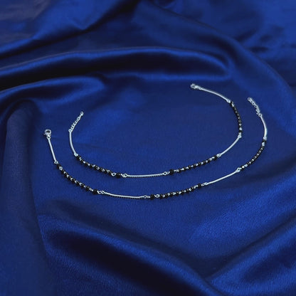 Sleek Nazariya Silver Anklet Black Beads Payal Set