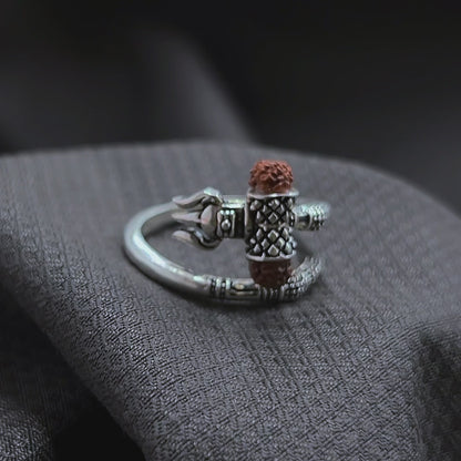 Mahadev Trishul Rudraksha Silver Spiral Ring