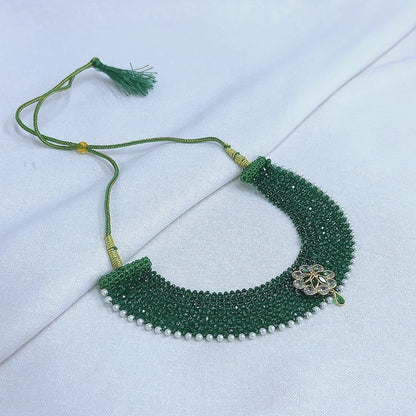 Traditional Green Beaded Silver Floral Choker Necklace for Women