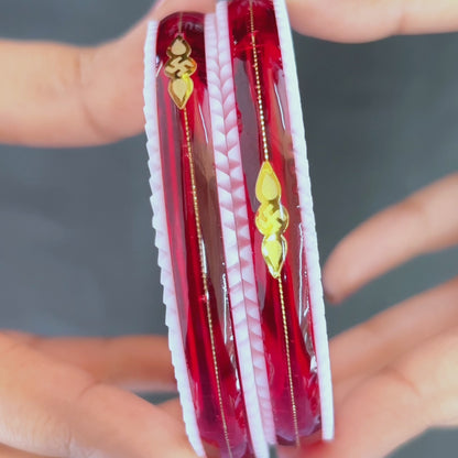 Gold Small Swastika Design light and Dark Red Bangle.