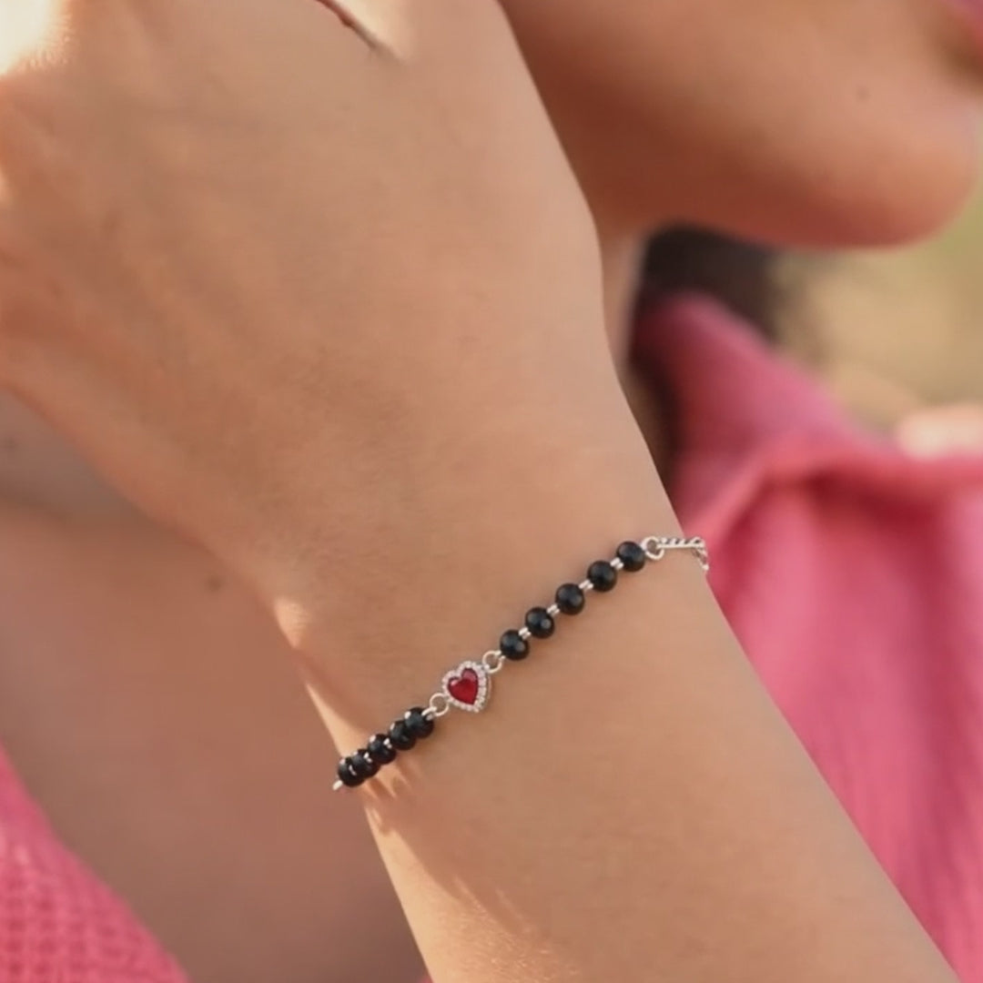 Silver Black Beaded Heart Bracelet