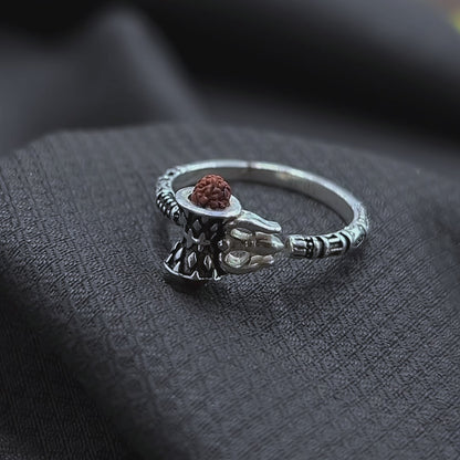 Shiv Silver Damru Ring with Rudraksha Bead