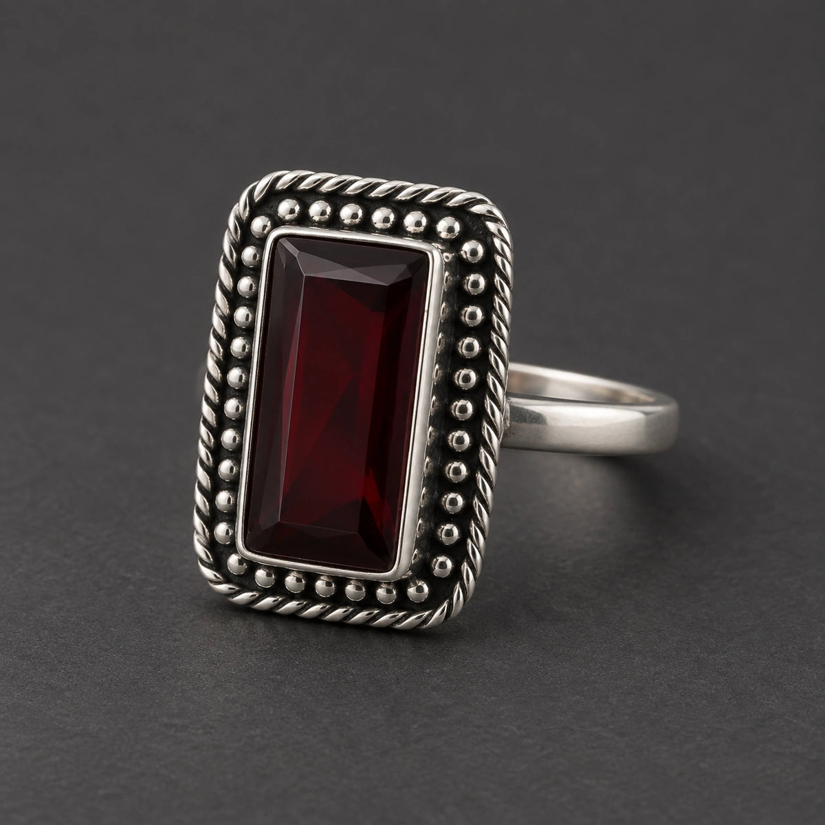 Sterling Silver Vintage Design with Rectangle Red Gem Stone Ring for Girls