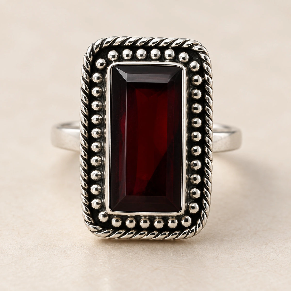 Sterling Silver Vintage Design with Rectangle Red Gem Stone Ring for Girls