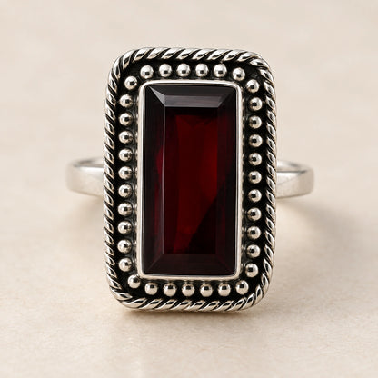 Sterling Silver Vintage Design with Rectangle Red Gem Stone Ring for Girls
