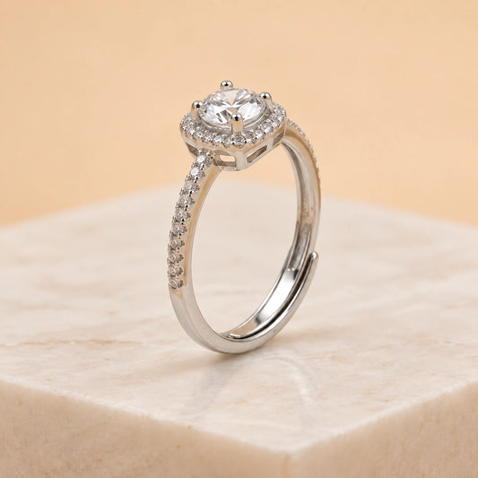 Elegant Halo Solitaire Adjustable Ring for Women