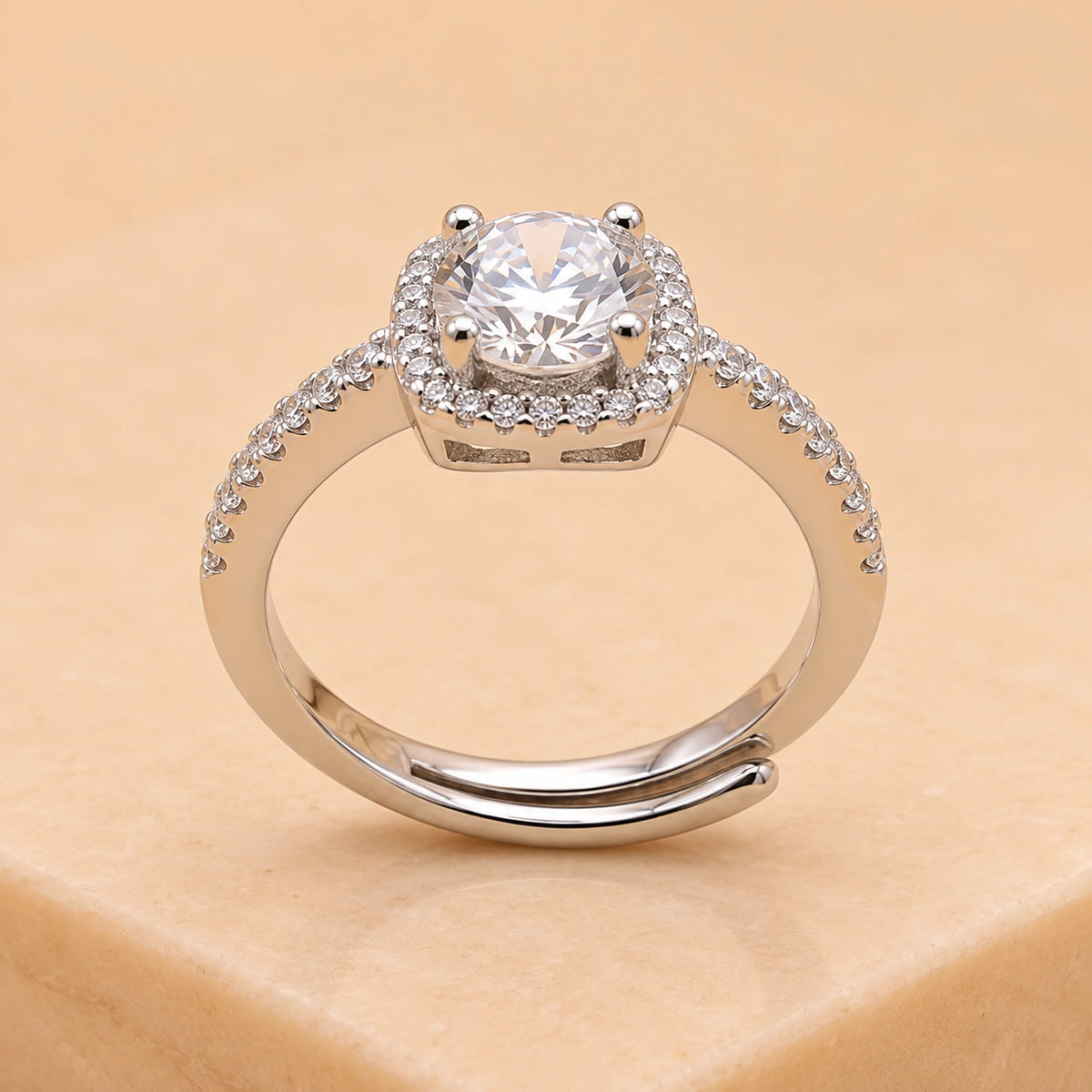 Elegant Halo Solitaire Adjustable Ring for Women