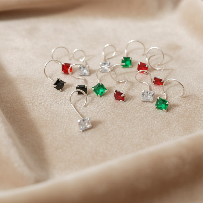 (13 Pcs ₹599 combo) Silver Nose Pin with Square Multicolour Stones