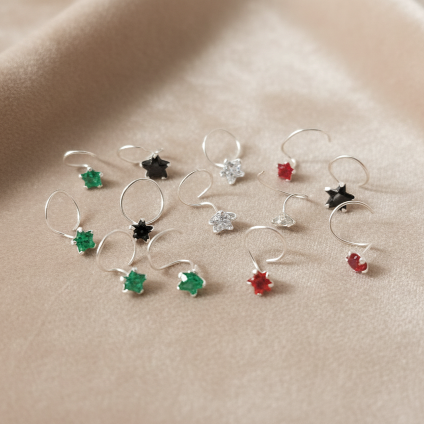 (13 Pcs ₹599 combo) Silver Nose Pin with Star Multicolor Stones